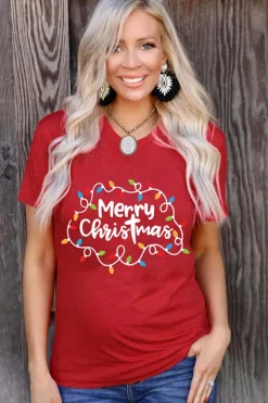 New Dear-Lover Red Merry Christmas Lights Print Crew Neck T Shirt Red-2