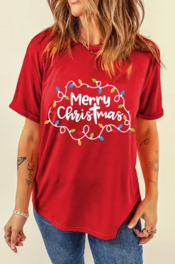 New Dear-Lover Red Merry Christmas Lights Print Crew Neck T Shirt Red-2