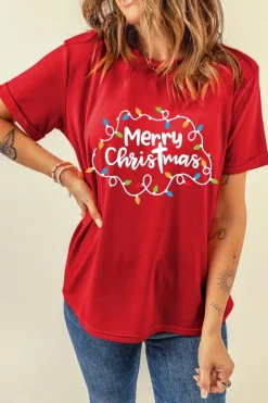 New Dear-Lover Red Merry Christmas Lights Print Crew Neck T Shirt Red-2