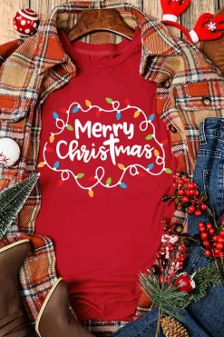 New Dear-Lover Red Merry Christmas Lights Print Crew Neck T Shirt Red-2