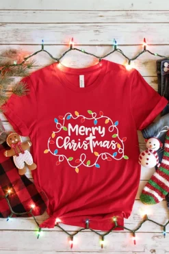New Dear-Lover Red Merry Christmas Lights Print Crew Neck T Shirt Red-2