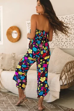 Clearance Dear-Lover Mix Tropical Print Strapless Ruffled Jumpsuit Red