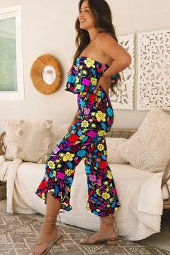 Clearance Dear-Lover Mix Tropical Print Strapless Ruffled Jumpsuit Red
