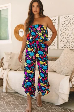 Clearance Dear-Lover Mix Tropical Print Strapless Ruffled Jumpsuit Red