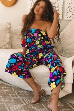 Clearance Dear-Lover Mix Tropical Print Strapless Ruffled Jumpsuit Red