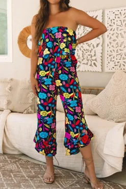 Clearance Dear-Lover Mix Tropical Print Strapless Ruffled Jumpsuit Red