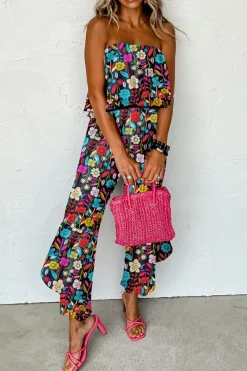 Clearance Dear-Lover Mix Tropical Print Strapless Ruffled Jumpsuit Red
