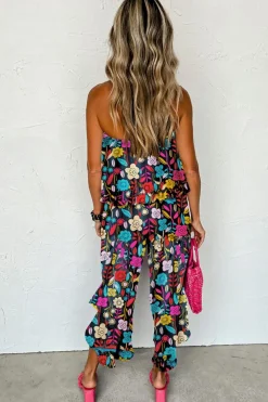 Clearance Dear-Lover Mix Tropical Print Strapless Ruffled Jumpsuit Red