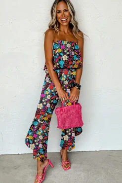 Clearance Dear-Lover Mix Tropical Print Strapless Ruffled Jumpsuit Red
