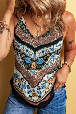 Clearance Dear-Lover Mixed Floral Chevron Pattern Dip Hem Spaghetti Straps Tank Red