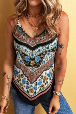 Clearance Dear-Lover Mixed Floral Chevron Pattern Dip Hem Spaghetti Straps Tank Red
