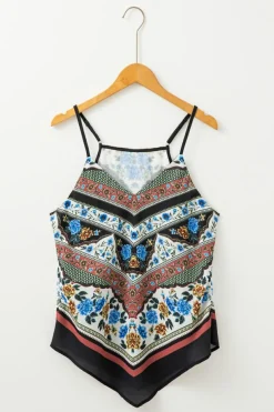 Clearance Dear-Lover Mixed Floral Chevron Pattern Dip Hem Spaghetti Straps Tank Red