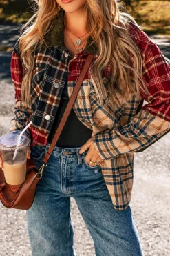 Hot Dear-Lover Mixed Plaid Patchwork Retro Shacket Red