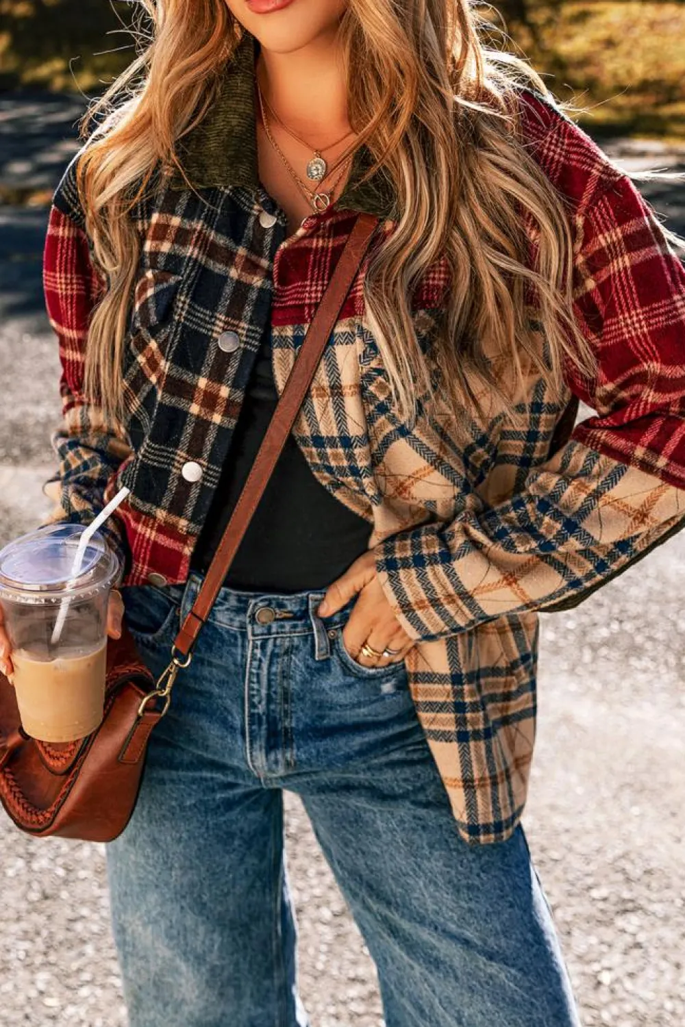 Hot Dear-Lover Mixed Plaid Patchwork Retro Shacket Red