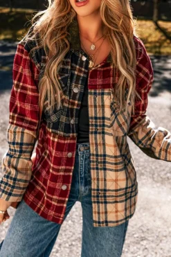 Hot Dear-Lover Mixed Plaid Patchwork Retro Shacket Red