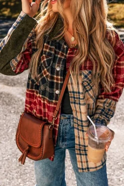 Hot Dear-Lover Mixed Plaid Patchwork Retro Shacket Red