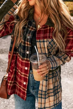 Hot Dear-Lover Mixed Plaid Patchwork Retro Shacket Red