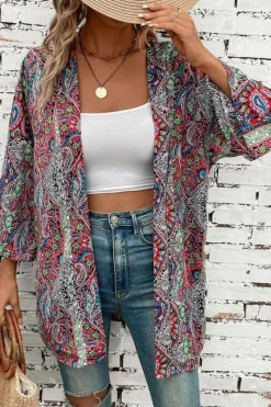 Discount Dear-Lover Paisley Print Open Front Kimono Red