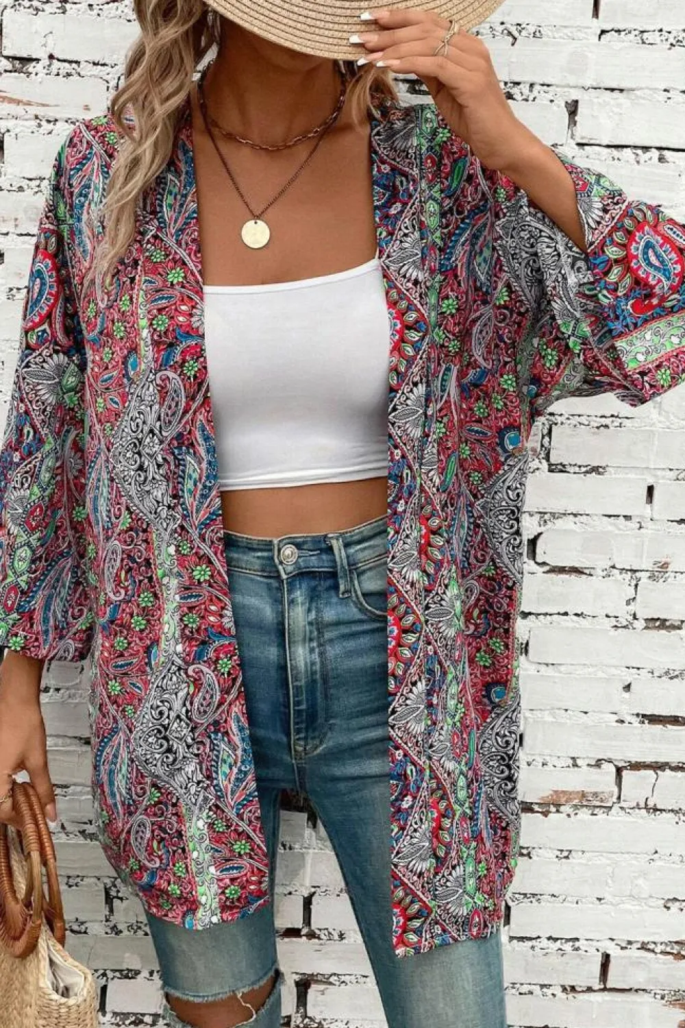 Discount Dear-Lover Paisley Print Open Front Kimono Red