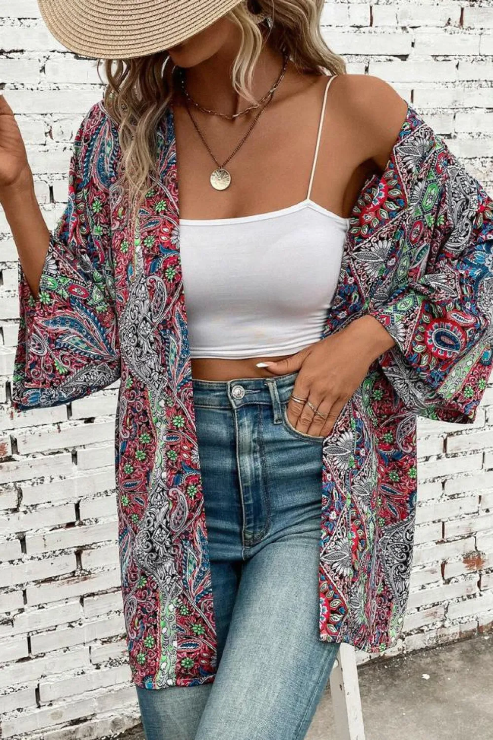 Discount Dear-Lover Paisley Print Open Front Kimono Red