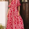 Hot Dear-Lover Paisley Print Side Slit Puff Sleeve High Waist Maxi Dress Red