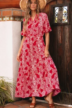Hot Dear-Lover Paisley Print Side Slit Puff Sleeve High Waist Maxi Dress Red