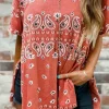 Fashion Dear-Lover Paisley Print Side Slits Crew Neck T Shirt Red