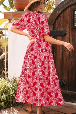 Hot Dear-Lover Paisley Print Side Slit Puff Sleeve High Waist Maxi Dress Red