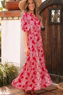 Hot Dear-Lover Paisley Print Side Slit Puff Sleeve High Waist Maxi Dress Red
