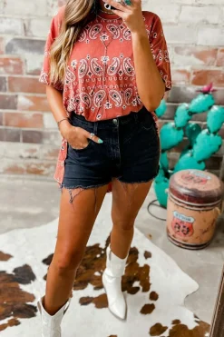 Fashion Dear-Lover Paisley Print Side Slits Crew Neck T Shirt Red