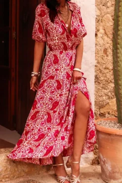 Hot Dear-Lover Paisley Print Side Slit Puff Sleeve High Waist Maxi Dress Red