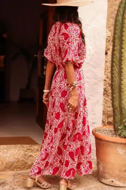 Hot Dear-Lover Paisley Print Side Slit Puff Sleeve High Waist Maxi Dress Red