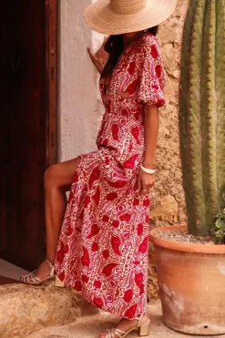 Hot Dear-Lover Paisley Print Side Slit Puff Sleeve High Waist Maxi Dress Red