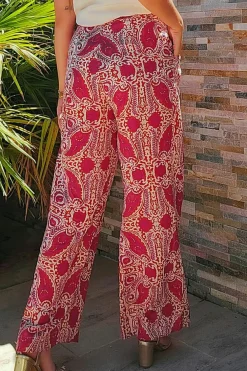 Online Dear-Lover Paisley Printed Buttoned High Waist Straight Leg Pants Red