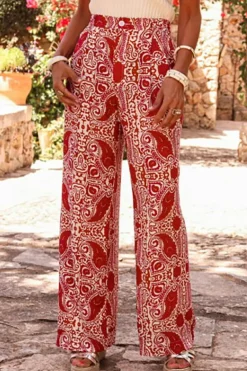 Online Dear-Lover Paisley Printed Buttoned High Waist Straight Leg Pants Red