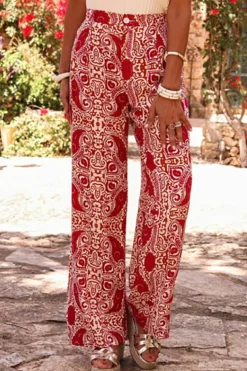 Online Dear-Lover Paisley Printed Buttoned High Waist Straight Leg Pants Red