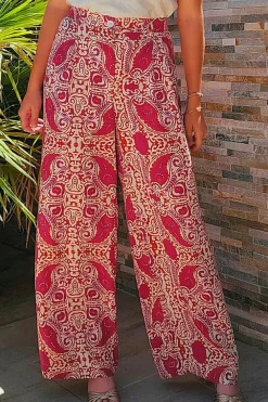 Online Dear-Lover Paisley Printed Buttoned High Waist Straight Leg Pants Red
