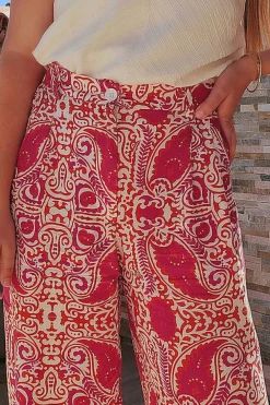 Online Dear-Lover Paisley Printed Buttoned High Waist Straight Leg Pants Red