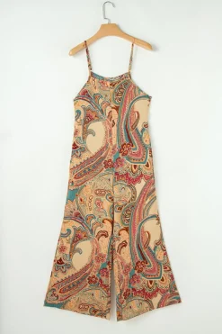 Online Dear-Lover Paisley Printed Spaghetti Straps Elegant Wide Leg Jumpsuit Red
