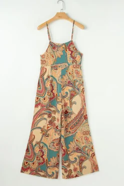 Online Dear-Lover Paisley Printed Spaghetti Straps Elegant Wide Leg Jumpsuit Red