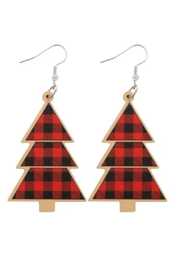 Sale Dear-Lover Red Plaid Christmas Tree Wooden Pendant Earrings Fiery Red