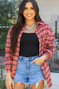 Hot Dear-Lover Plaid Long Sleeeve Side Split Distressed Hem Shirt Red