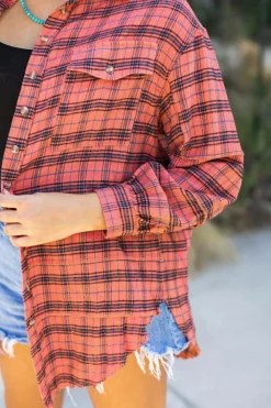 Hot Dear-Lover Plaid Long Sleeeve Side Split Distressed Hem Shirt Red