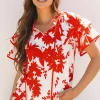 Outlet Dear-Lover Plant Print Tie Ruffled Sleeve V Neck Blouse Red