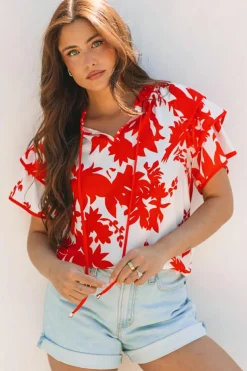 Outlet Dear-Lover Plant Print Tie Ruffled Sleeve V Neck Blouse Red