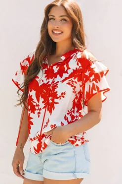 Outlet Dear-Lover Plant Print Tie Ruffled Sleeve V Neck Blouse Red
