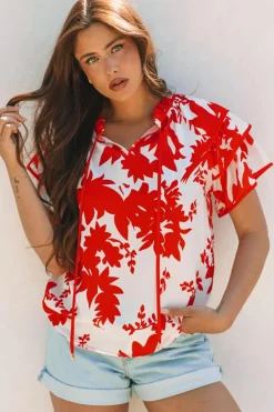 Outlet Dear-Lover Plant Print Tie Ruffled Sleeve V Neck Blouse Red