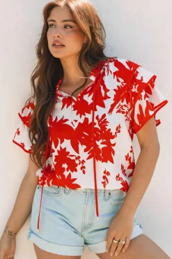Outlet Dear-Lover Plant Print Tie Ruffled Sleeve V Neck Blouse Red