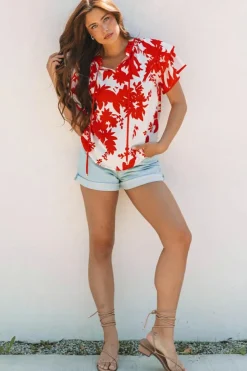 Outlet Dear-Lover Plant Print Tie Ruffled Sleeve V Neck Blouse Red