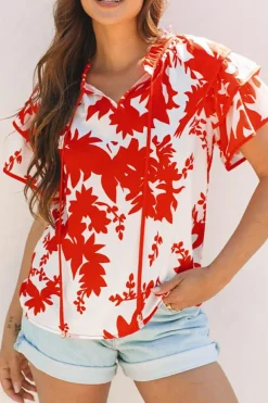 Outlet Dear-Lover Plant Print Tie Ruffled Sleeve V Neck Blouse Red